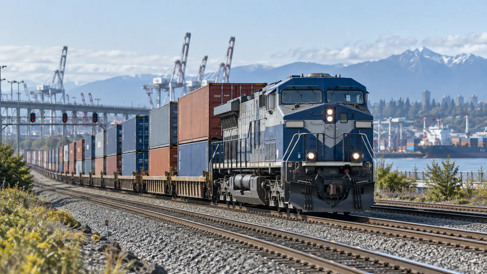 Freight locomotive pulling container wagons on railway tracks